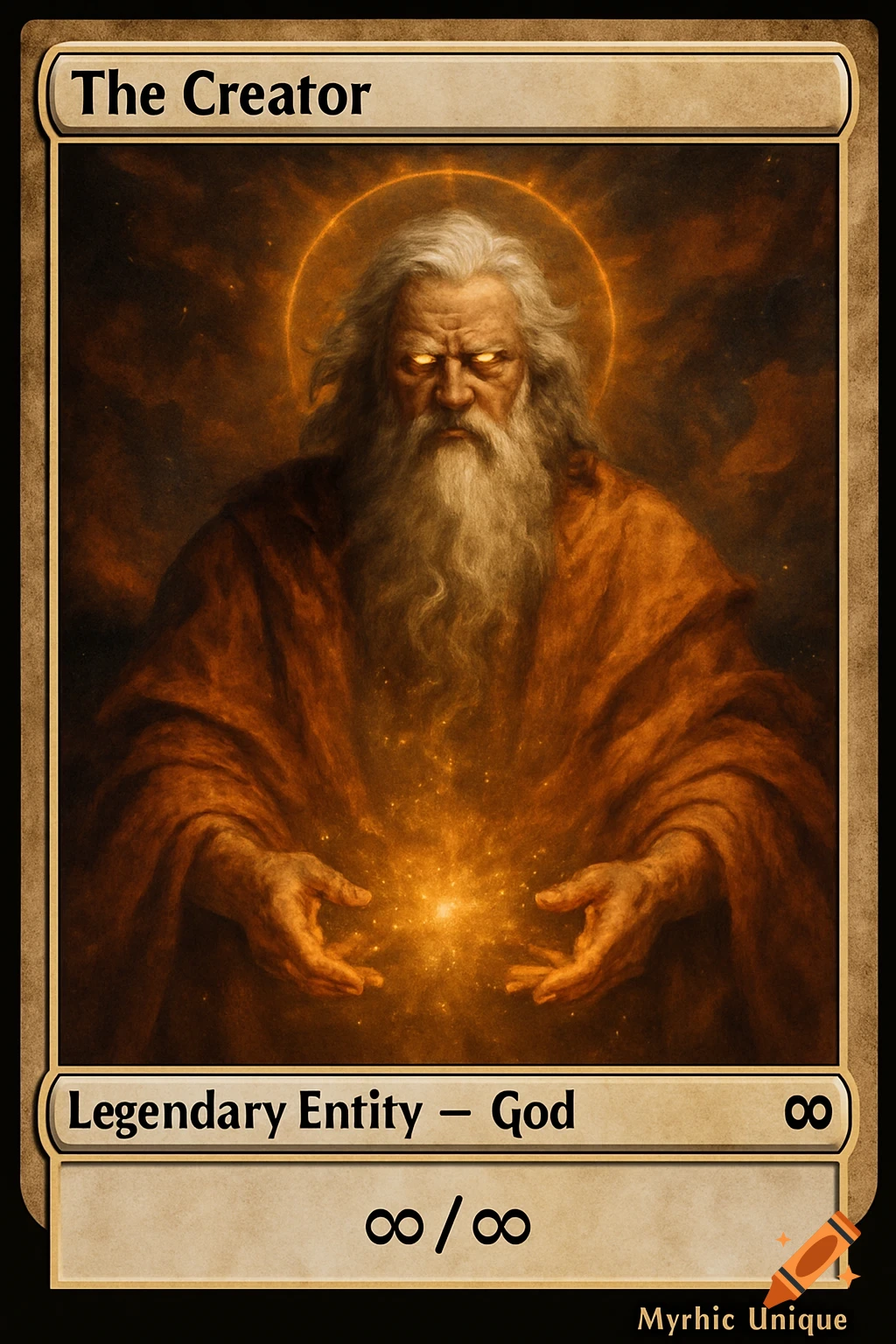 A fantasy trading card depicting a divine figure with a beard holding a glowing orb.