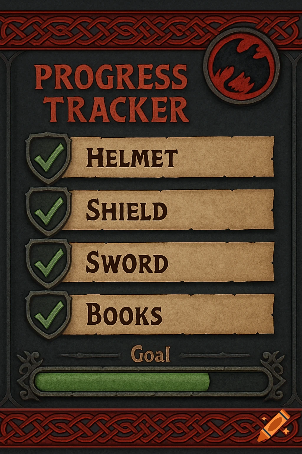 A fantasy-styled progress tracker interface with completed items like Helmet, Shield, Sword, and Books, and a progress bar towards a Goal.