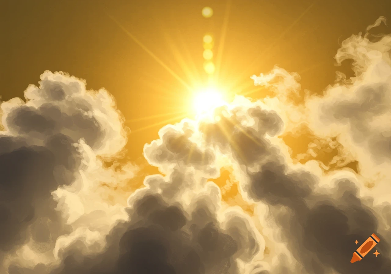 Bright sun shines through dark clouds in a golden sky, illustration.
