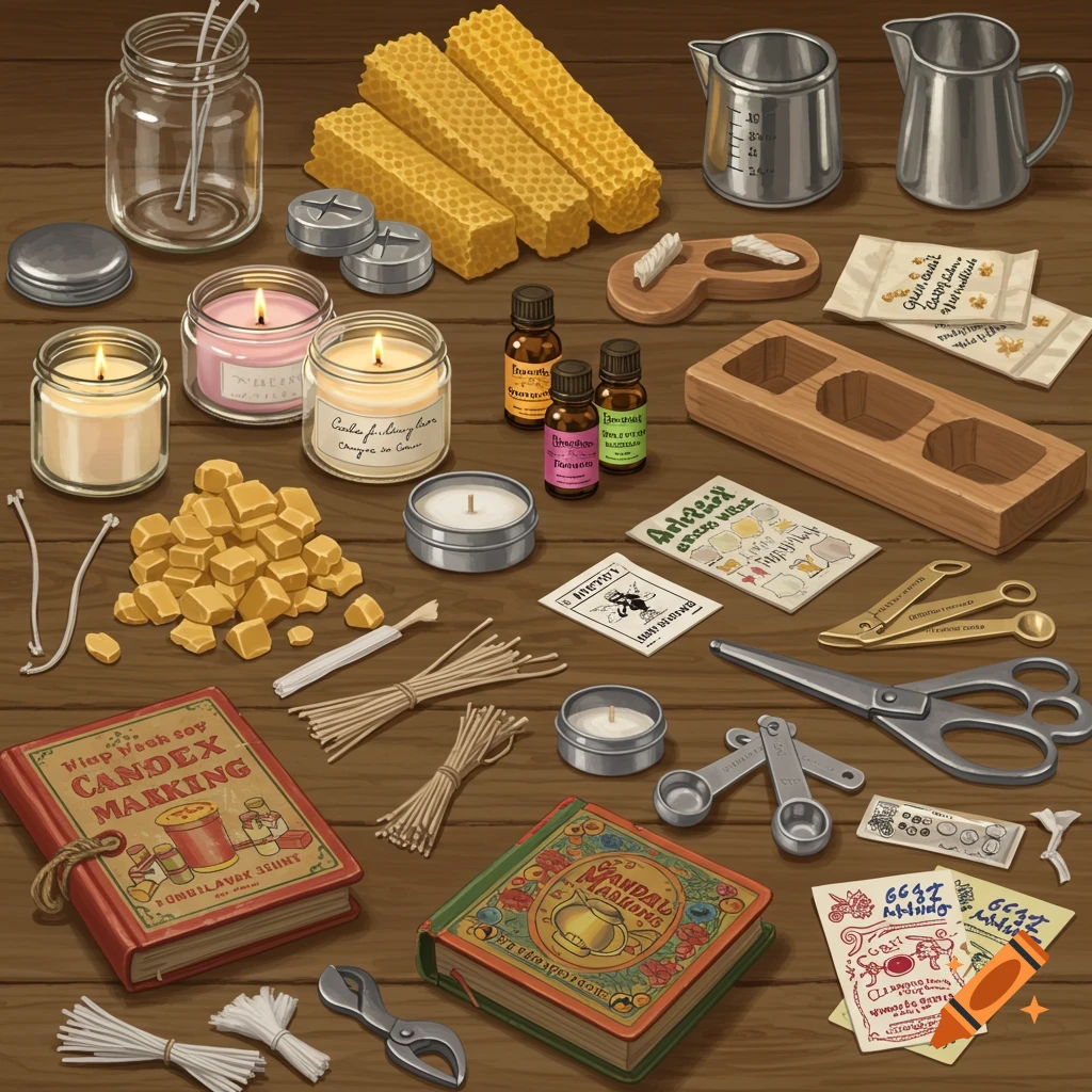 Various candle making supplies including wax bars, soy wax flakes, jars, wicks, essential oils, tools, and books laid out on a wooden surface in an illustrative style.