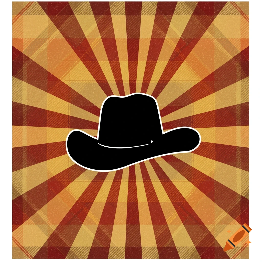 A black cowboy hat silhouette on an autumnal plaid sunburst background.