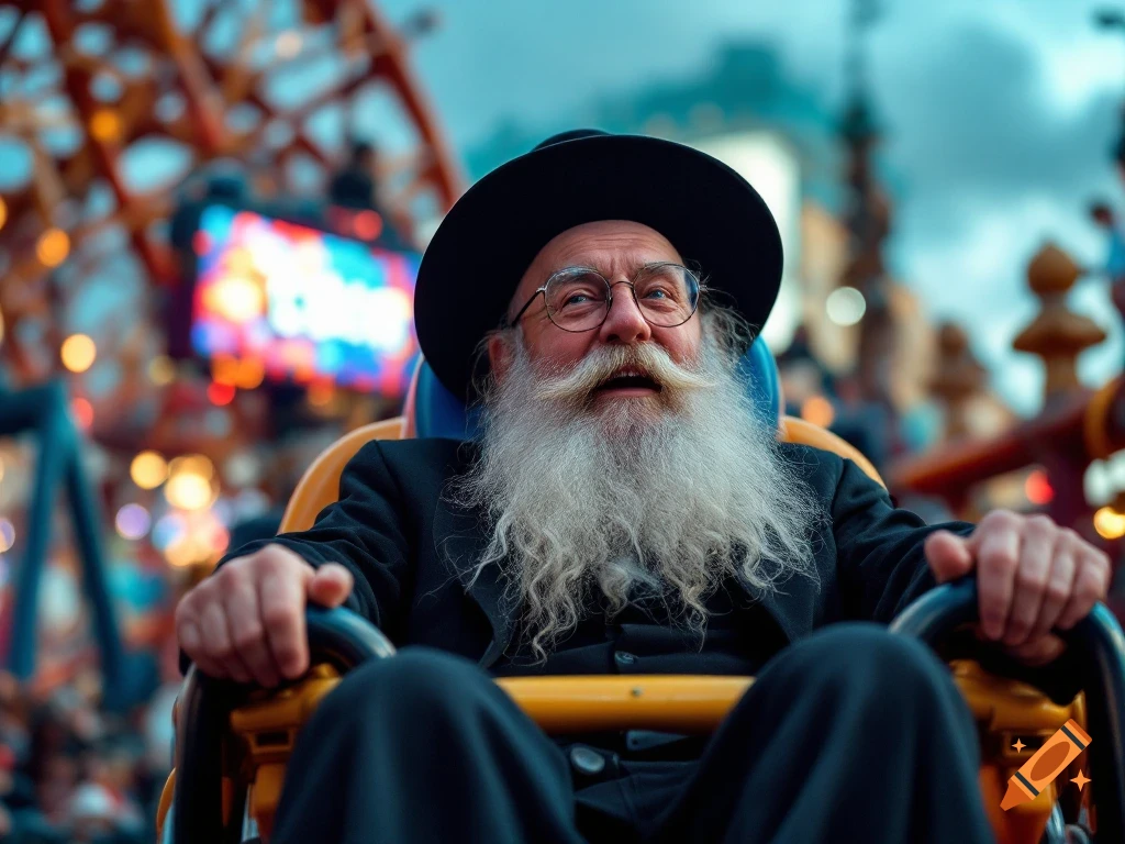 A smiling elderly man with a long white beard and black hat sits in a yellow seat on a roller coaster.