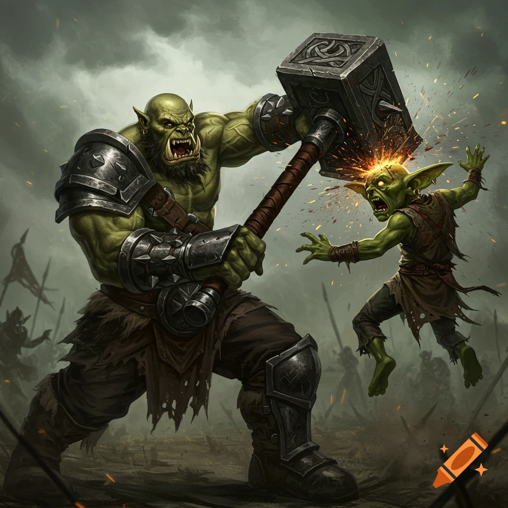 A large green orc swings a massive war hammer at a smaller goblin in a battle.