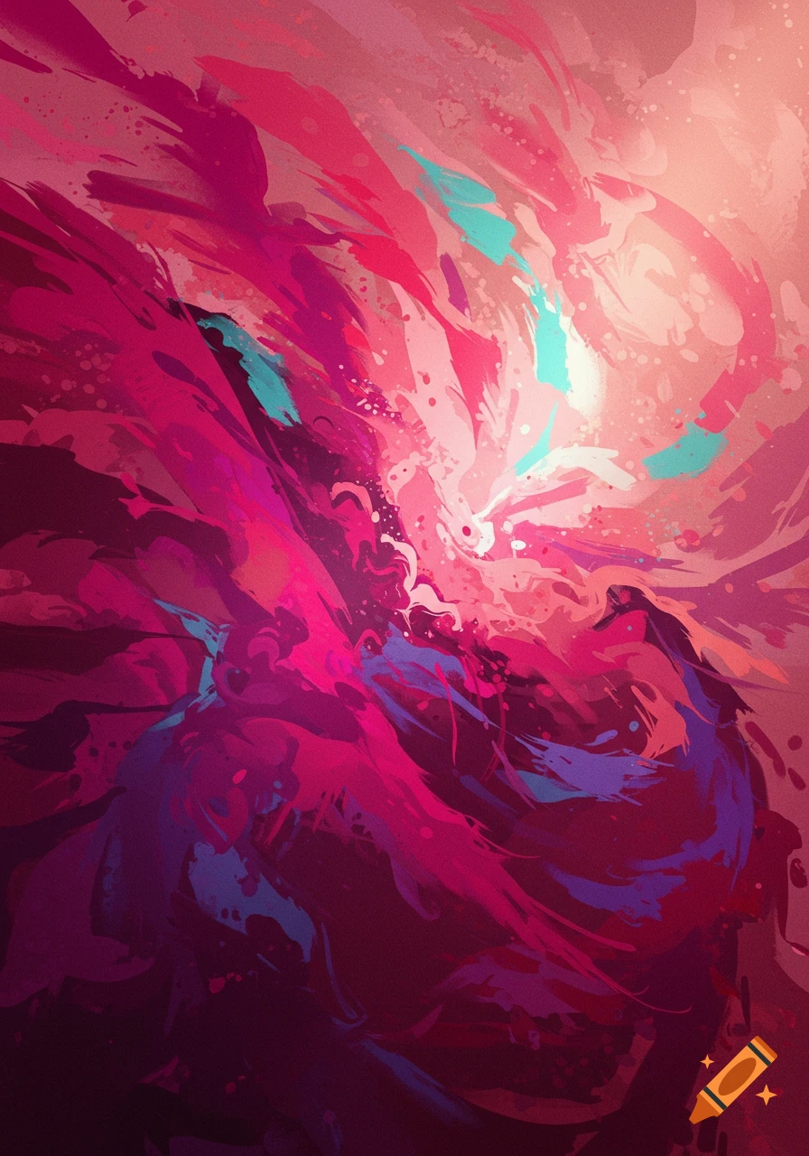 Abstract painting with swirling strokes of pink, red, purple, and teal.