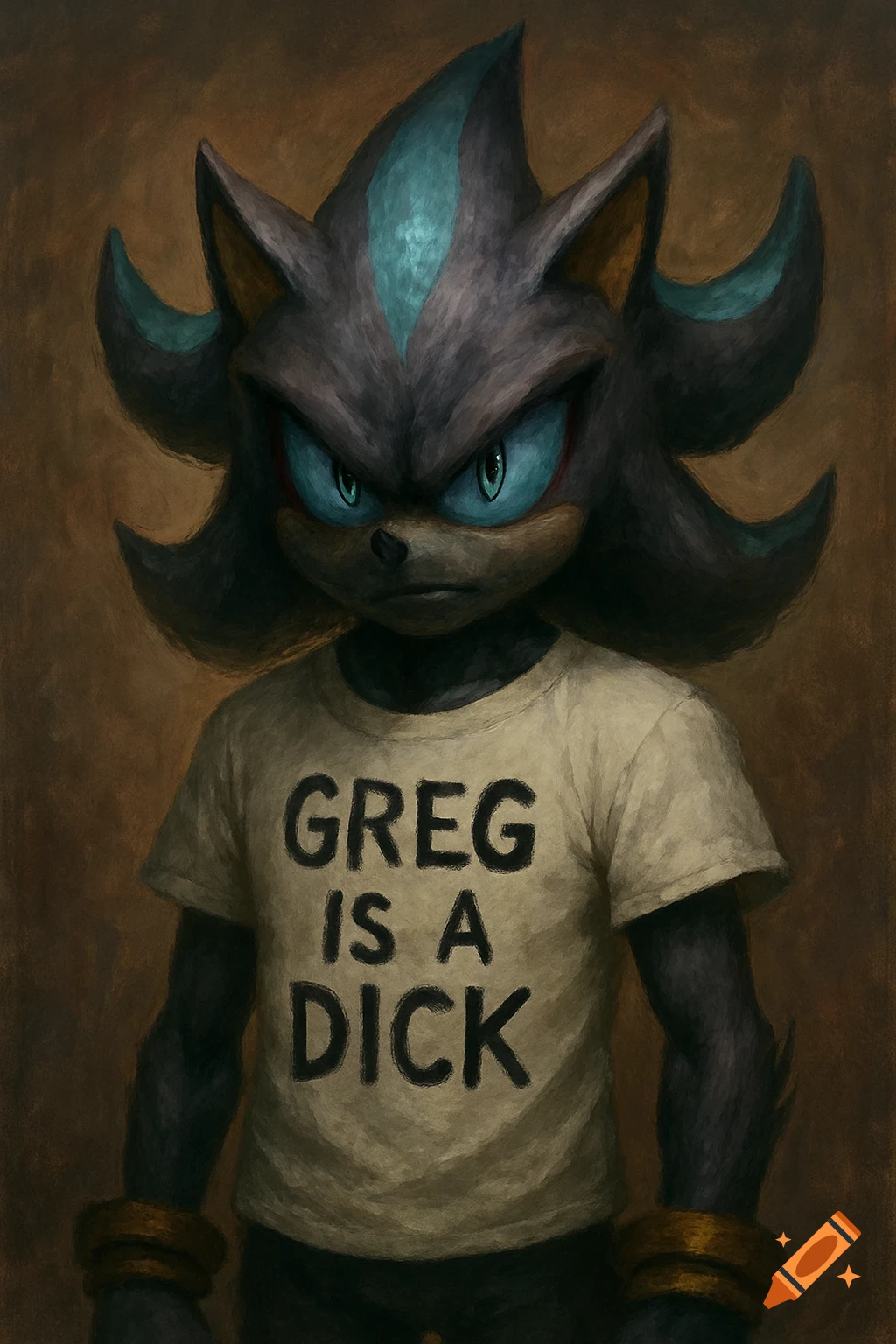 Painted portrait of Mephiles the Hedgehog wearing a shirt that says 'Greg is a dick'.