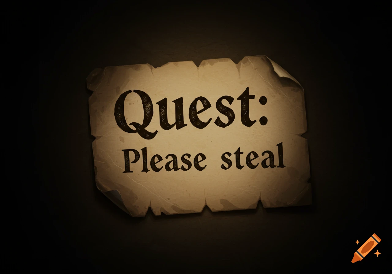 An old parchment note with the text 'Quest: Please steal'.