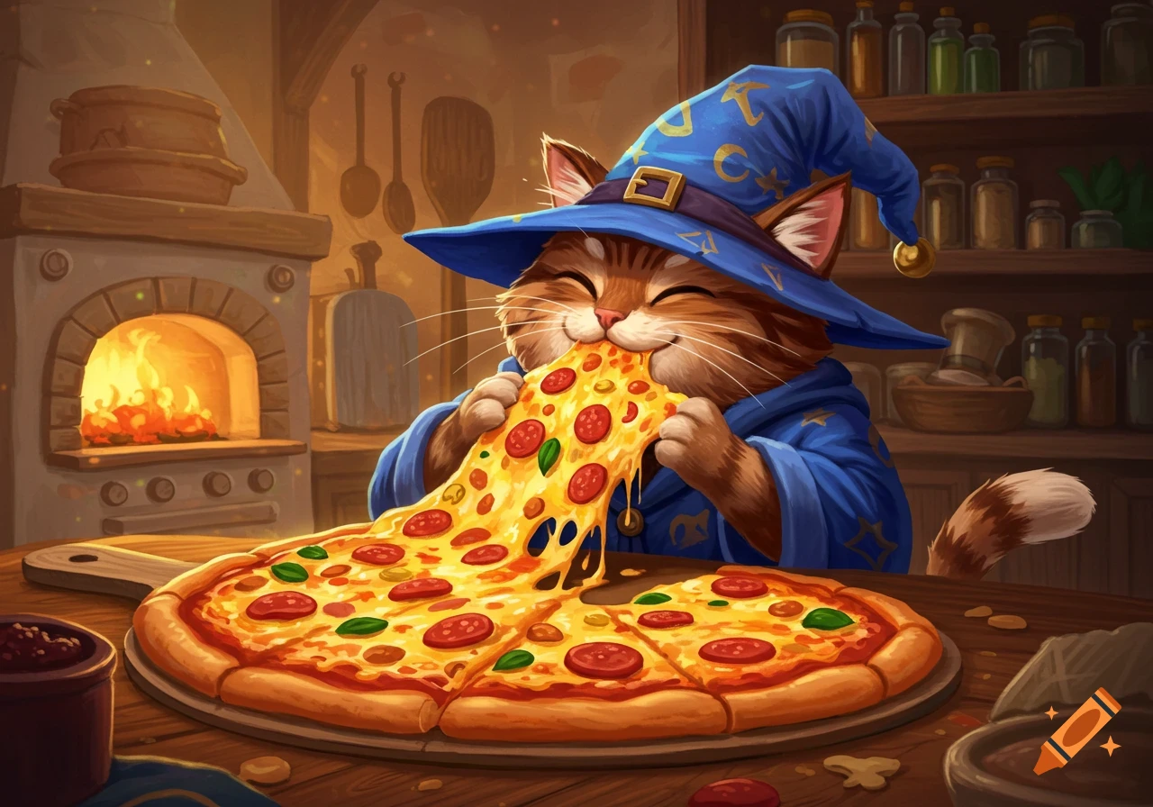 A cartoon orange cat wearing a blue wizard hat and robe is happily eating a large slice of pizza with melted cheese and pepperoni in a cozy kitchen.