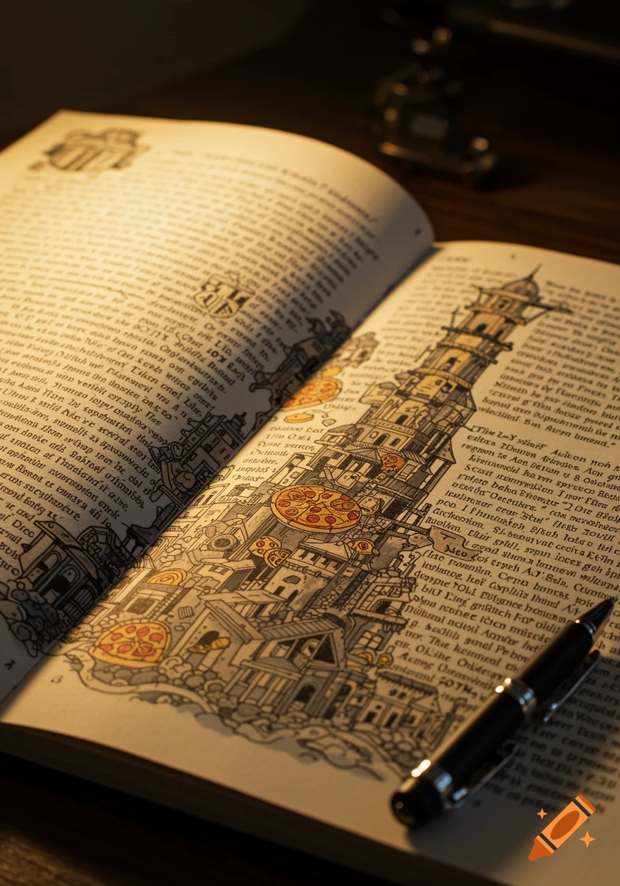 Close up of an open book showing a detailed line drawing of a chaotic, multi-level city with pizza slices integrated, next to pages of illegible text. A pen rests on the right page.