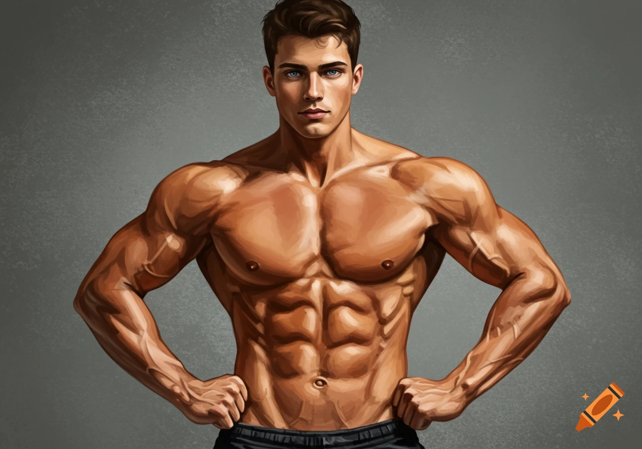 An illustration of a muscular man posing against a gray background.