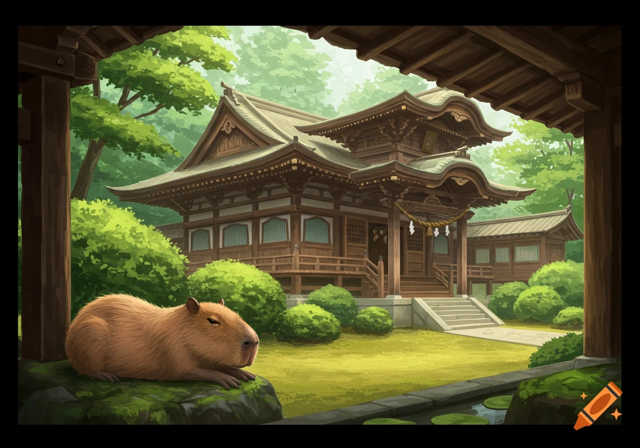 A capybara rests in front of a traditional Japanese temple surrounded by trees and bushes in an illustration.
