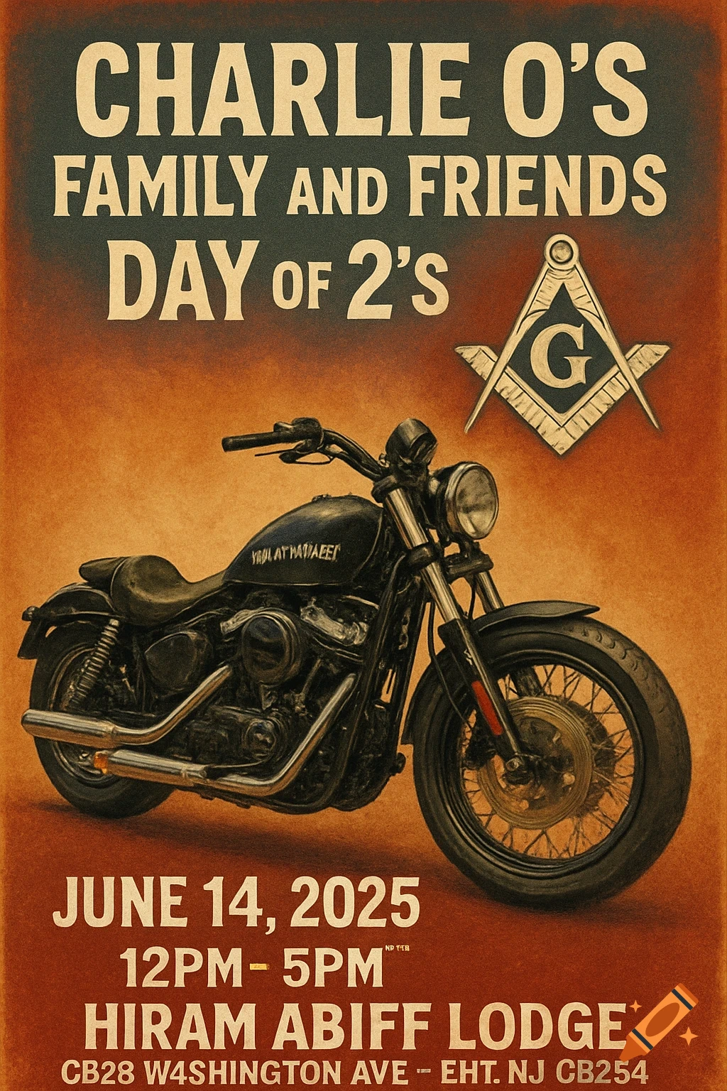 Vintage flyer for Charlie O's Family and Friends Day featuring motorcycle and Masonic symbol, June 14, 2025