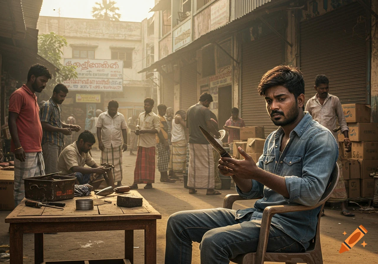 Photorealistic image of a man examining a knife in a bustling Indian street market.