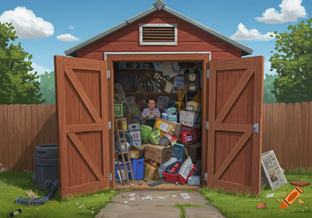 Illustration of a garden shed overflowing with clutter, with a man sitting inside.
