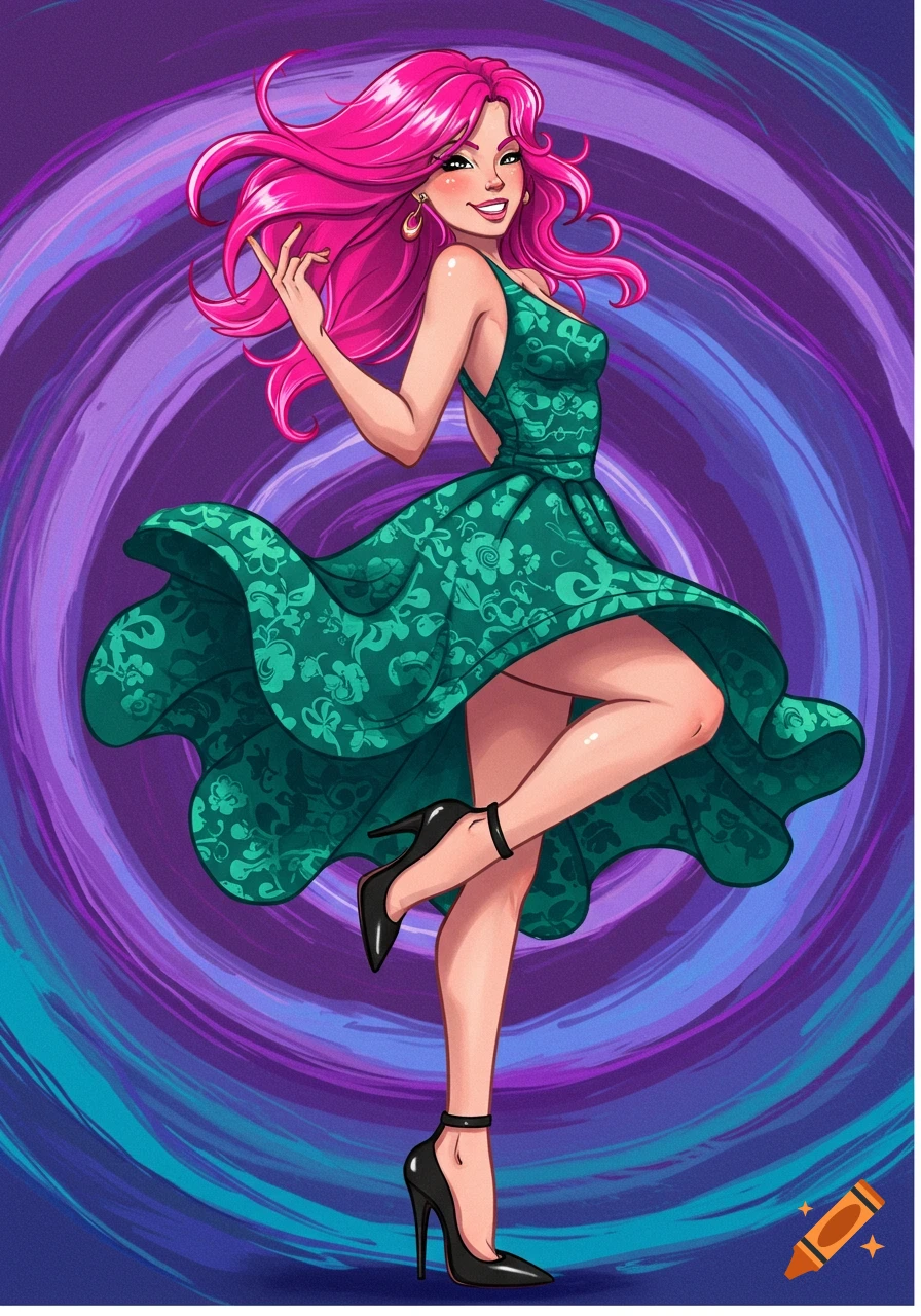 Stylized illustration of a woman with pink hair and green dress posing in high heels against a swirling purple background. on Craiyon Stylized illustration of a woman with pink hair and green dress posing in high heels against a swirling purple background. on Craiyon