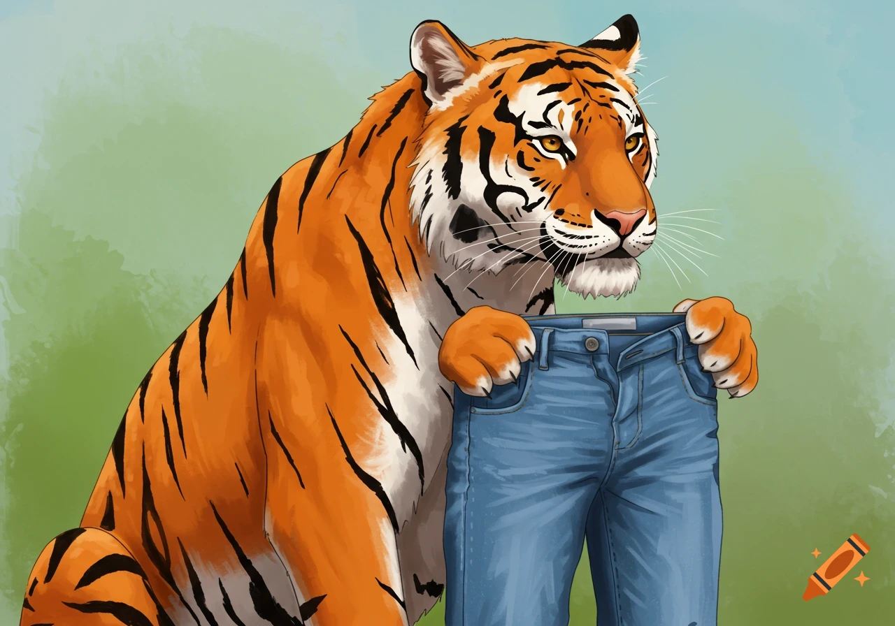 Illustration of a tiger holding up a pair of blue jeans