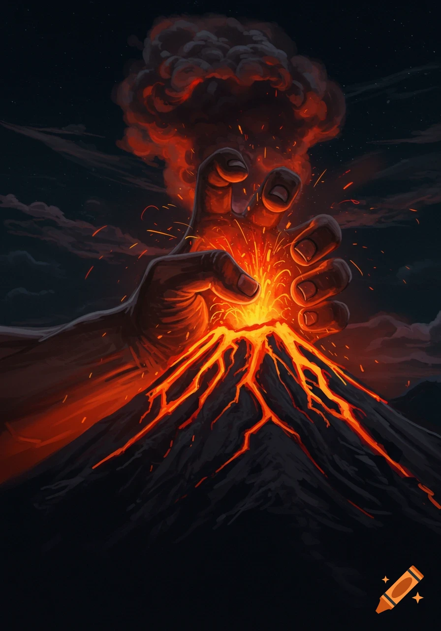 Giant hand grips an erupting volcano at night, digital art.