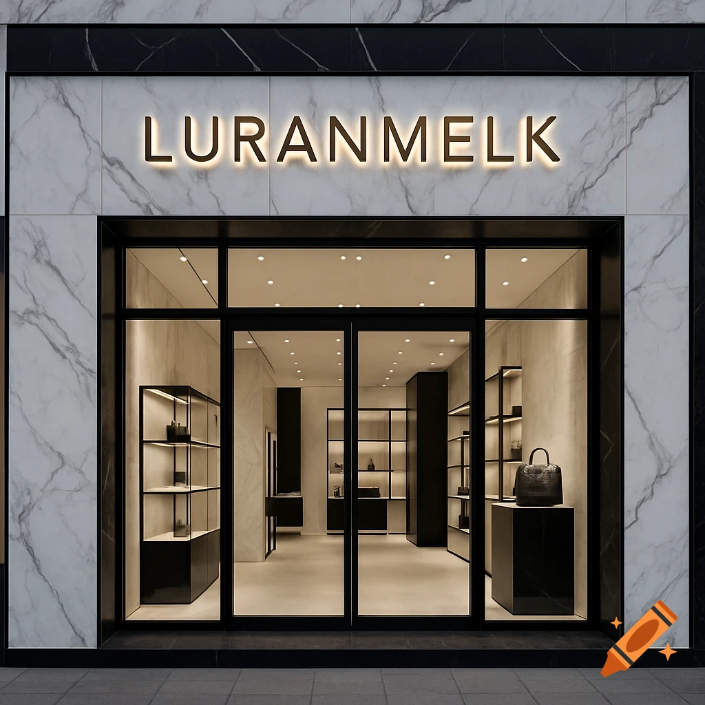 A luxury store facade with modern design and black and white marble, featuring the sign 'LURANMELK'.