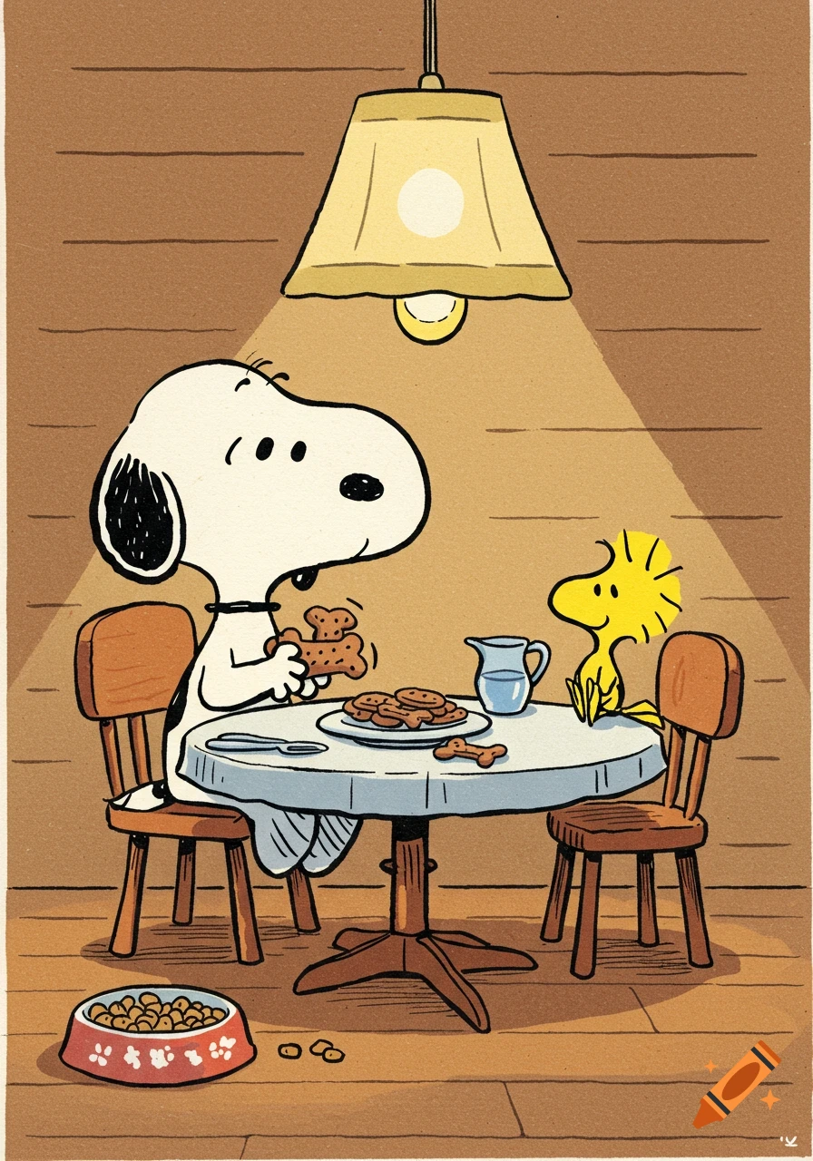 Snoopy and Woodstock eat bone-shaped cookies at a table