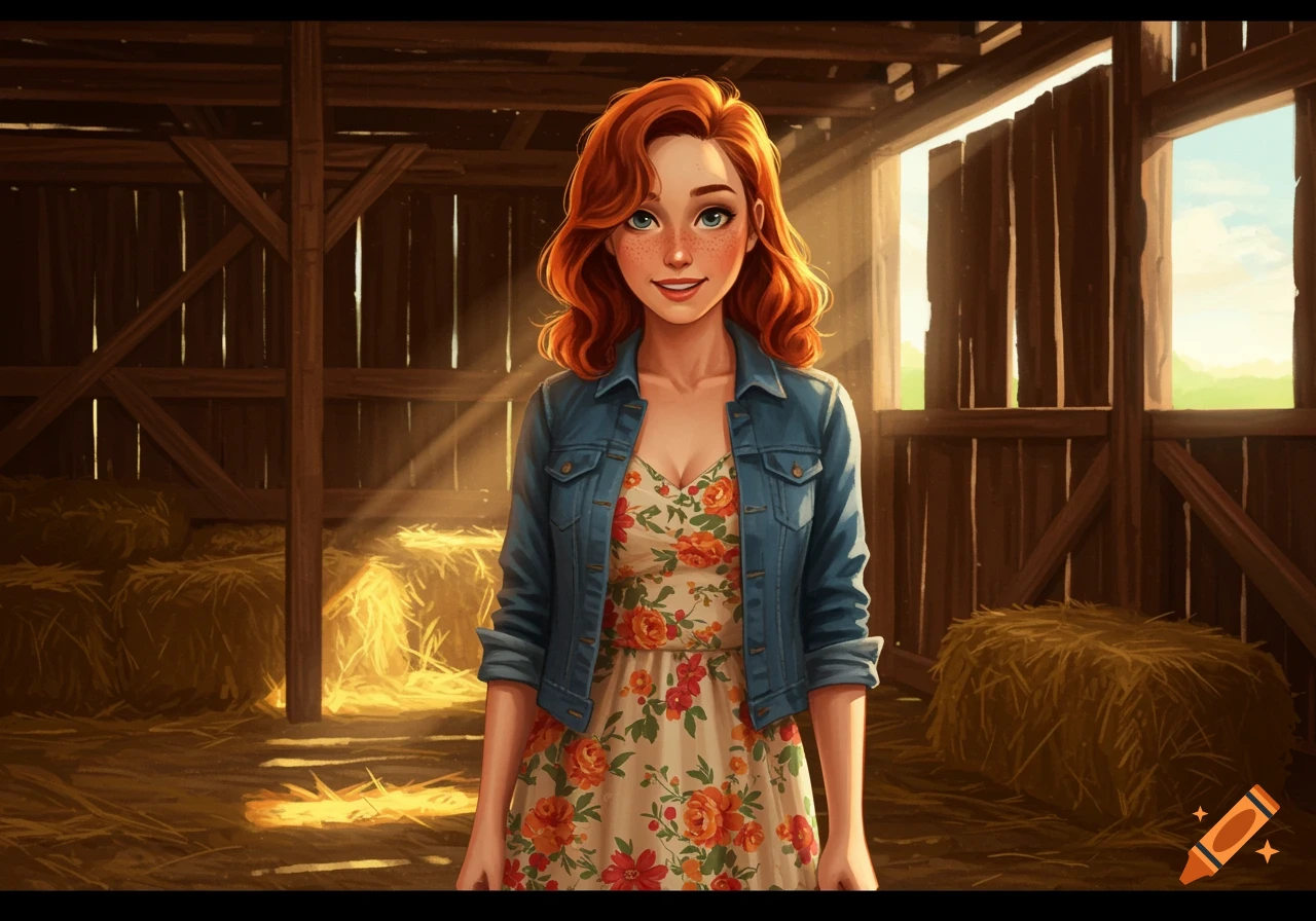 A woman with red hair and freckles stands in a barn.