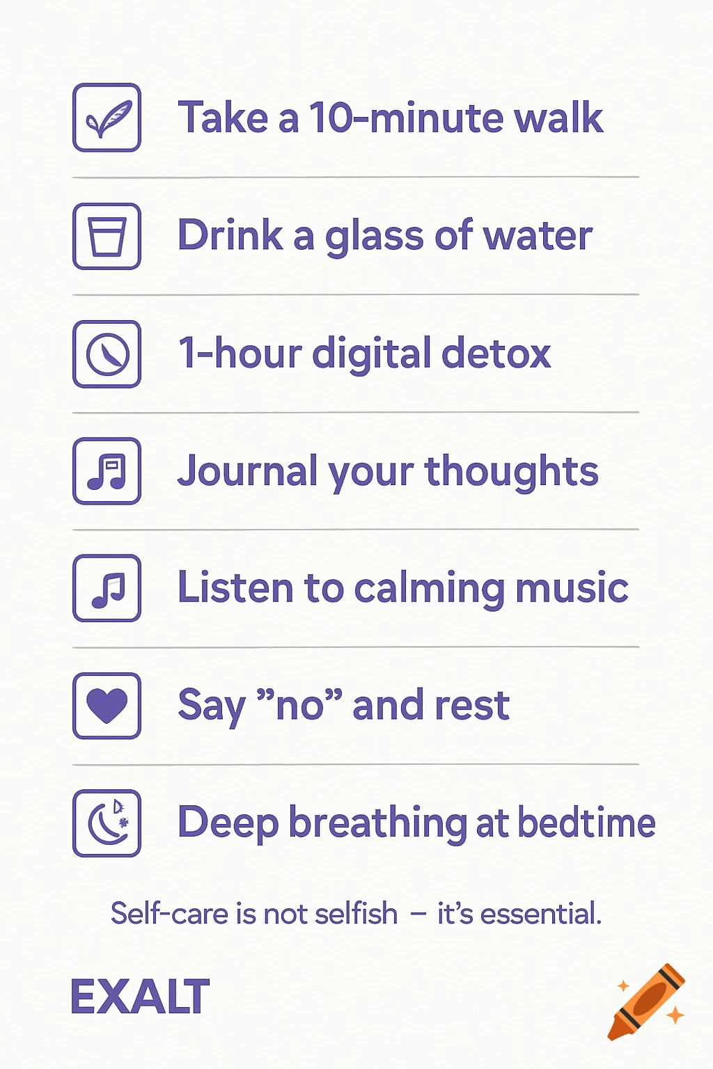 Self-care checklist graphic with icons and text for activities like walking, drinking water, and journaling.