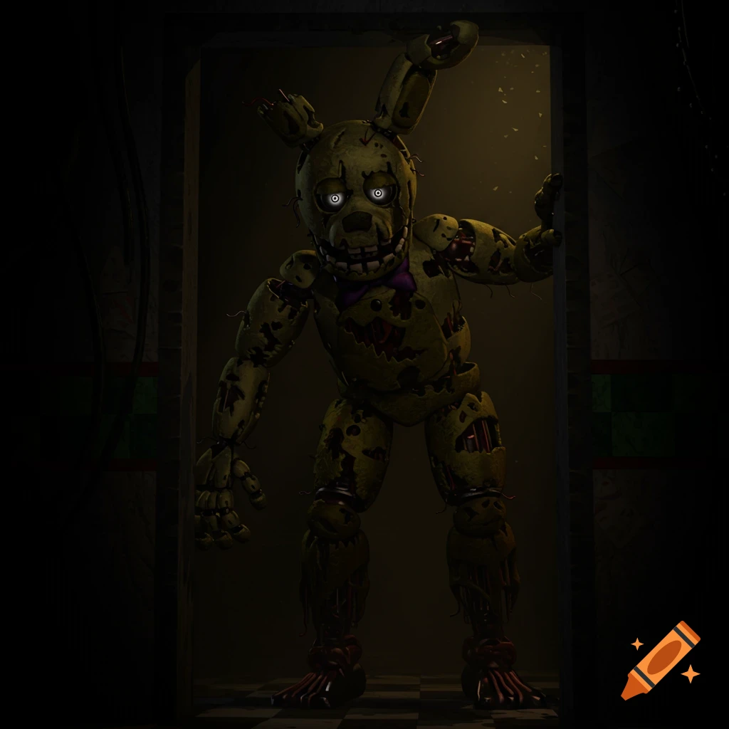 A damaged animatronic rabbit, Springtrap, stands menacingly in a dark doorway.