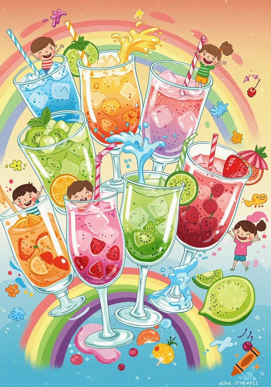 Illustration of children in glasses of colorful fruit drinks with ice and straws against a rainbow background.