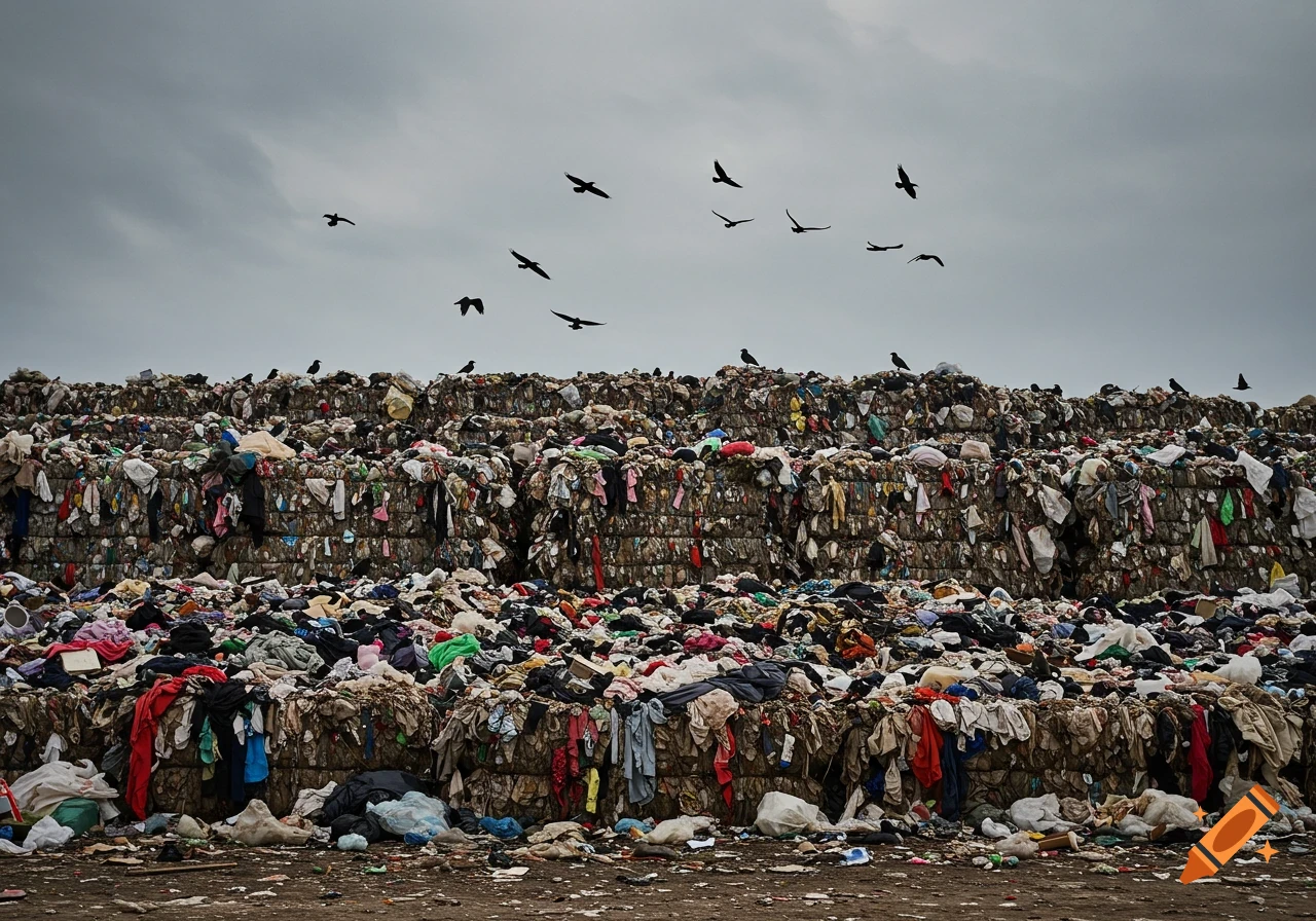 A large landfill of trash and clothes with birds flying overhead under a cloudy sky.