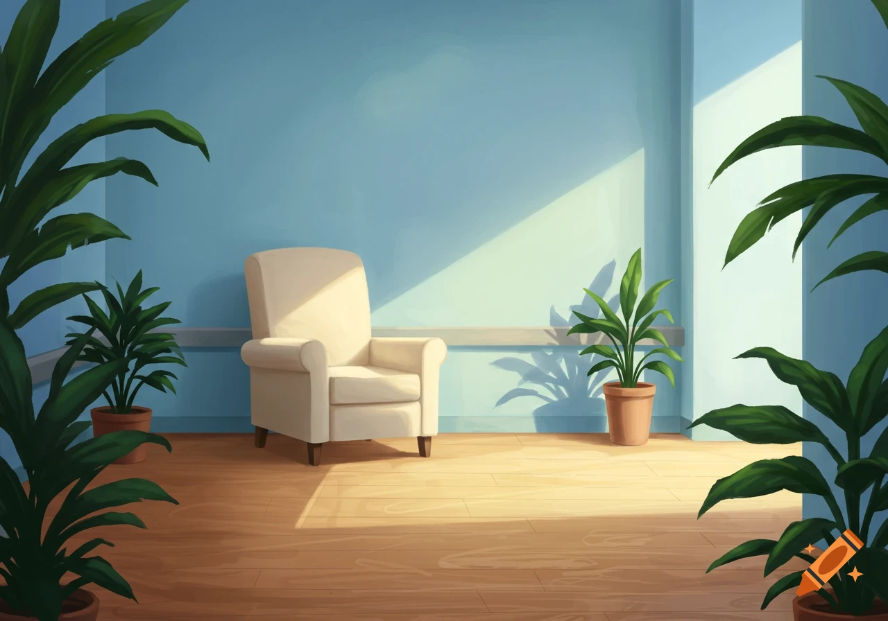 An empty beige armchair sits in a sunny room with potted plants.