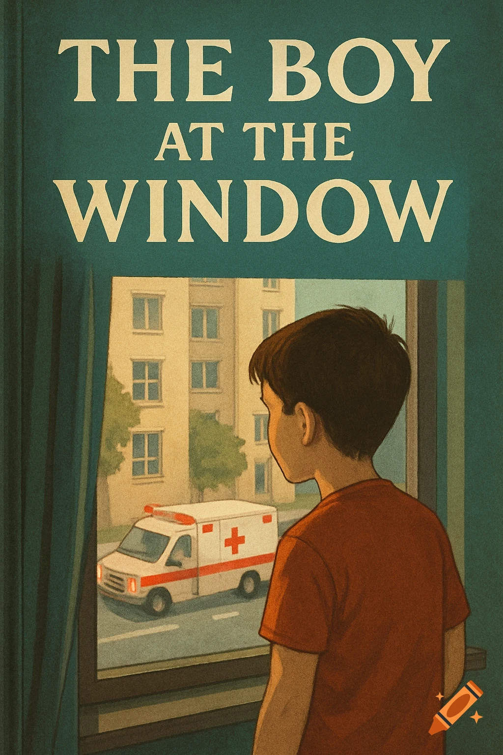 Book cover illustration of a boy looking out a window at an ambulance.