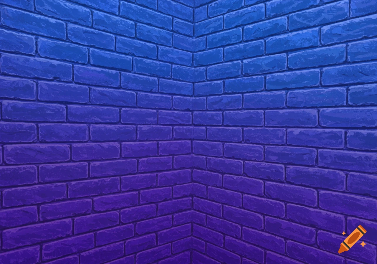 Brick wall corner with blue and purple gradient.