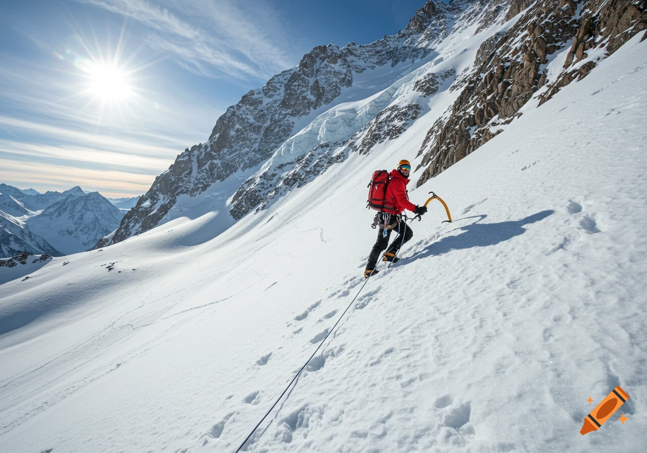 A person wearing a red jacket and backpack climbs a snowy mountain slope with an ice axe.