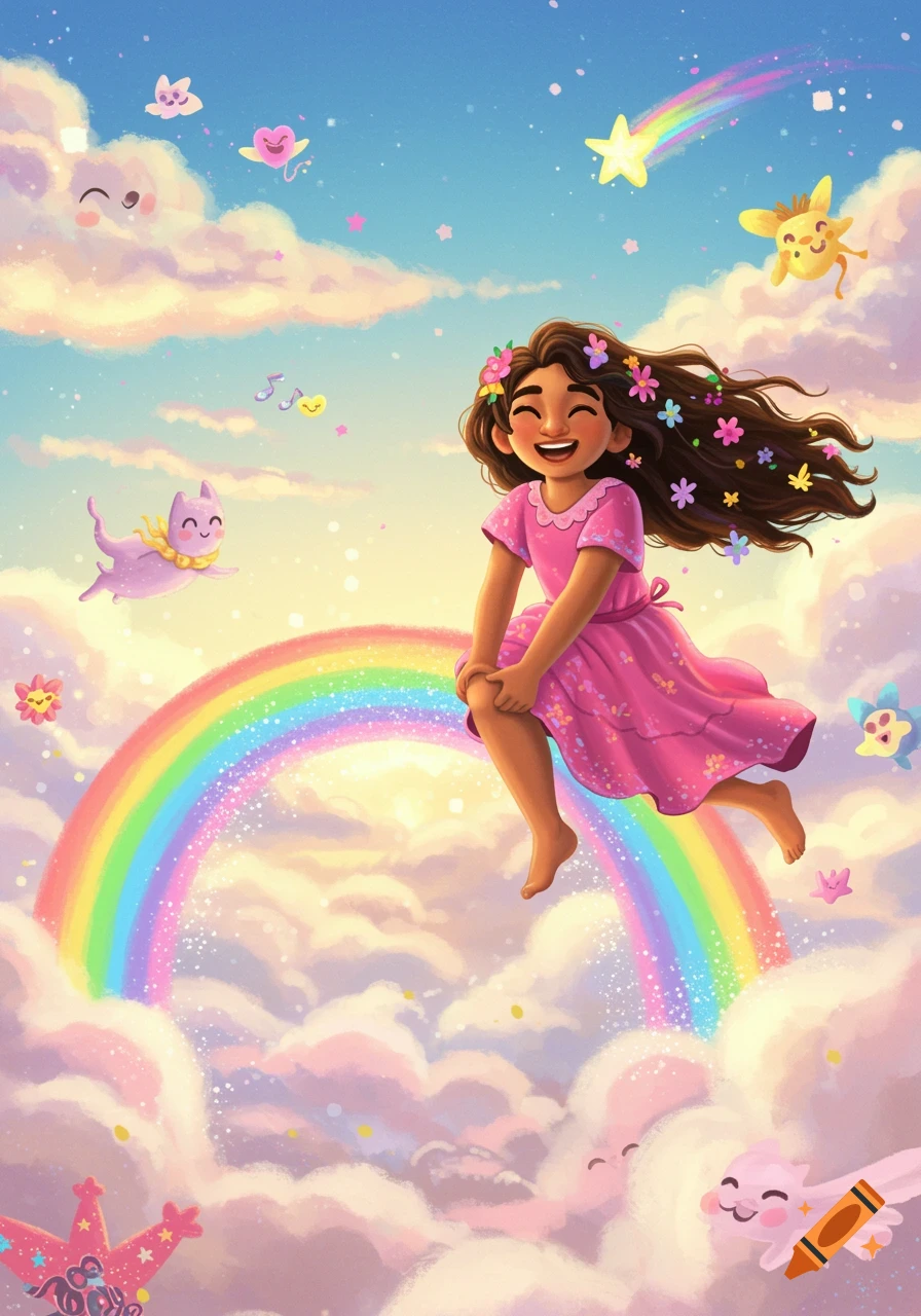Cartoon girl sits on a rainbow in the sky with clouds and floating creatures.