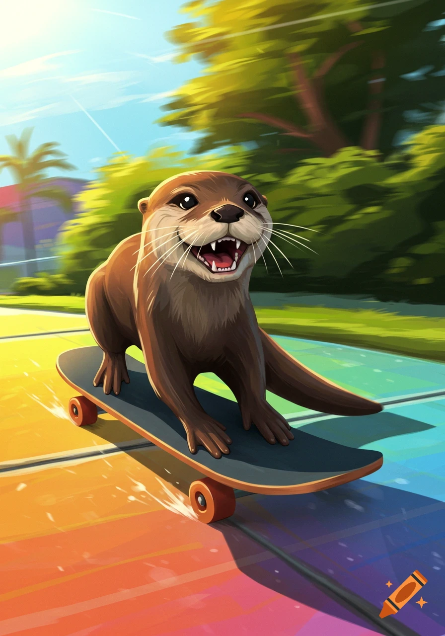 Cute cartoon otter rides a skateboard down a colorful path in a park.