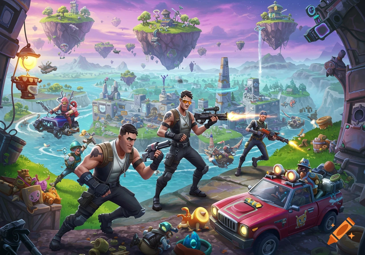 Fortnite-style illustration of characters fighting in a landscape with floating islands and futuristic buildings