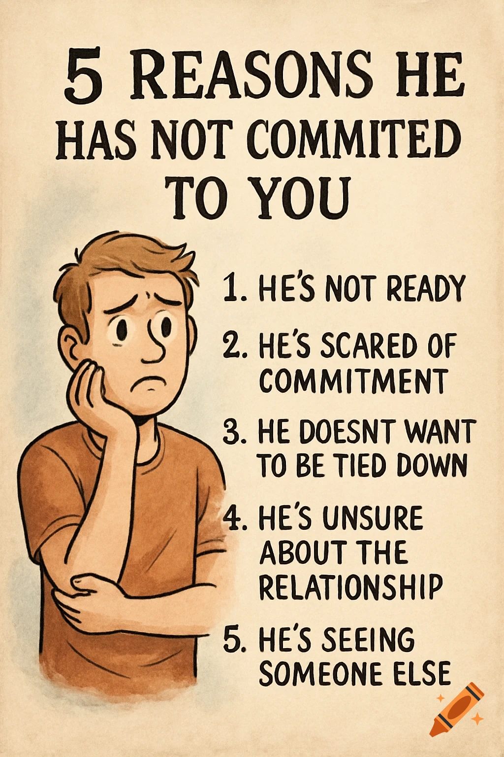 Cartoon illustration of a sad man next to text listing 5 reasons he has not committed.