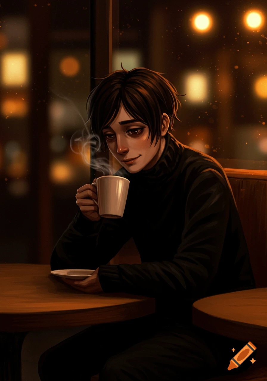 Stylized illustration of a person in a black turtleneck drinking coffee in a cafe.