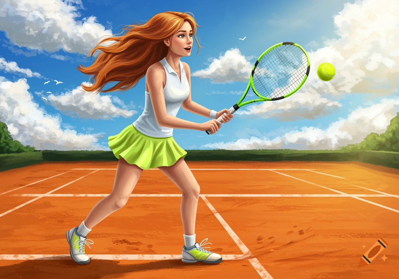 Illustration of a girl playing tennis on a clay court under a sunny sky.
