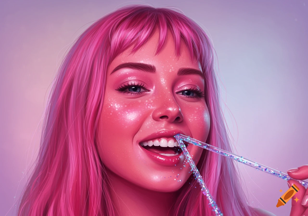 Close-up digital painting portrait of a girl with pink hair and glittering face, smiling with glitter around straws by her mouth.