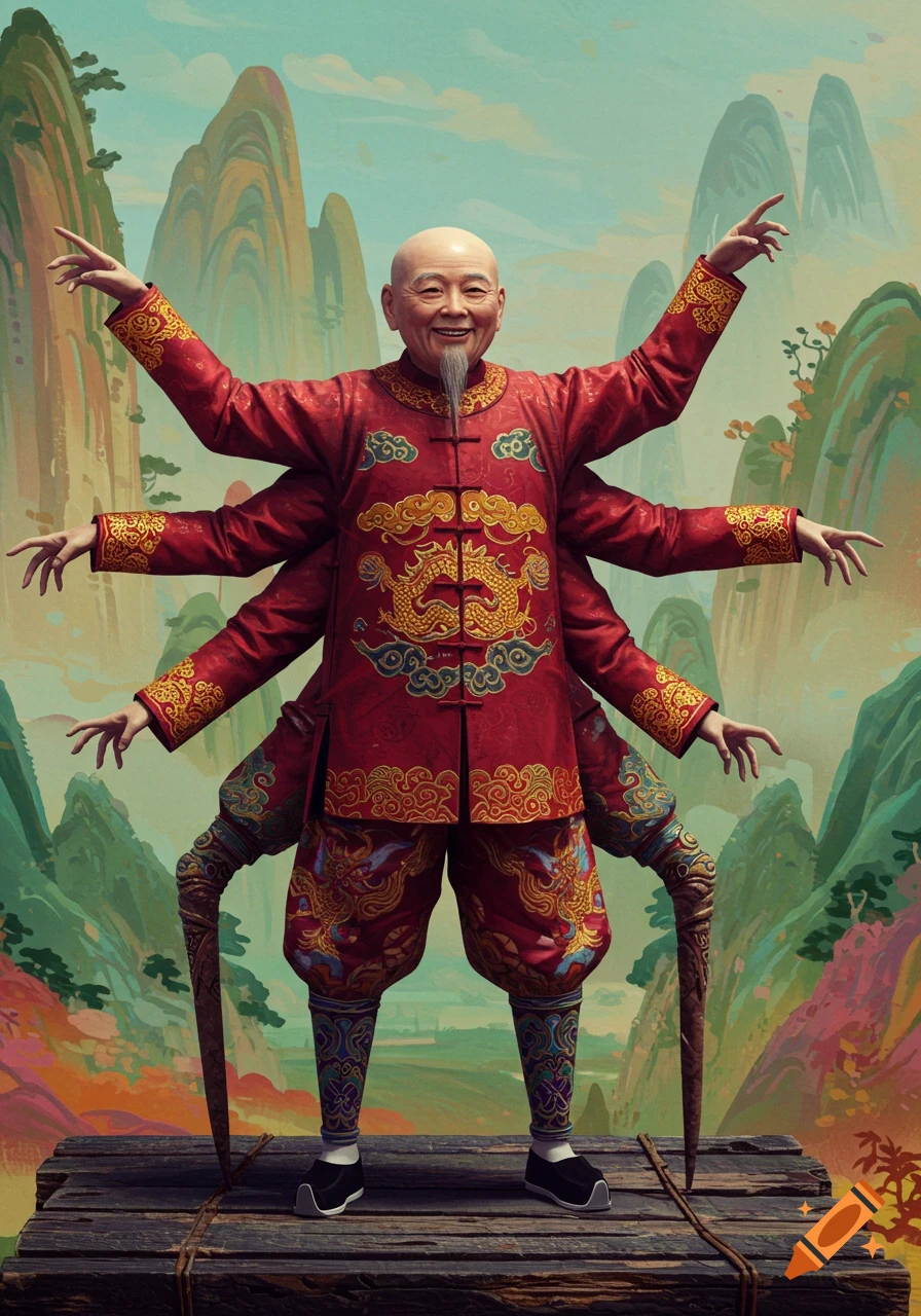 Smiling man with multiple arms and strange leg-like appendages wearing red Chinese clothing in a painted mountain landscape.