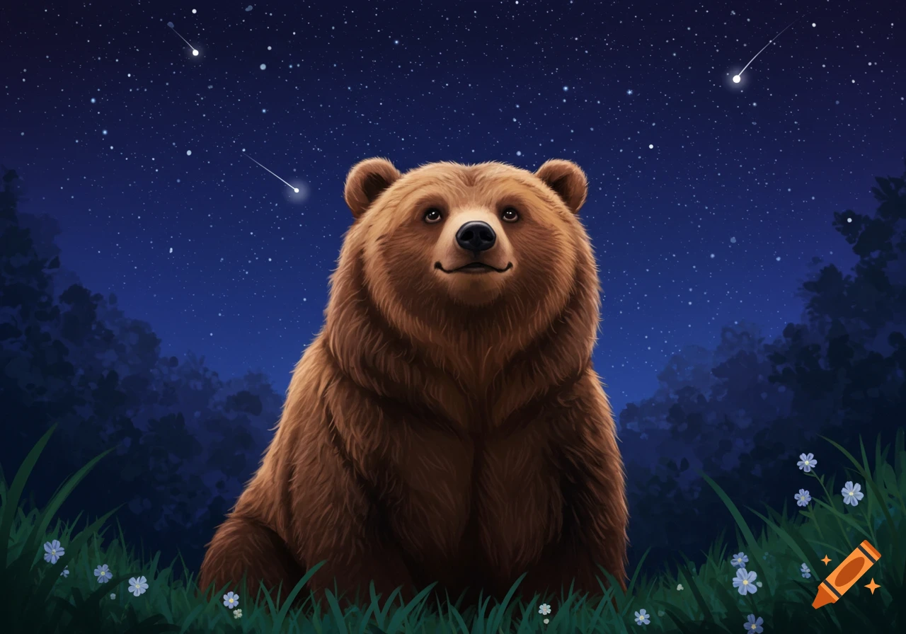 A cute brown bear sits in the grass looking up at a starry night sky with shooting stars. Illustration style.