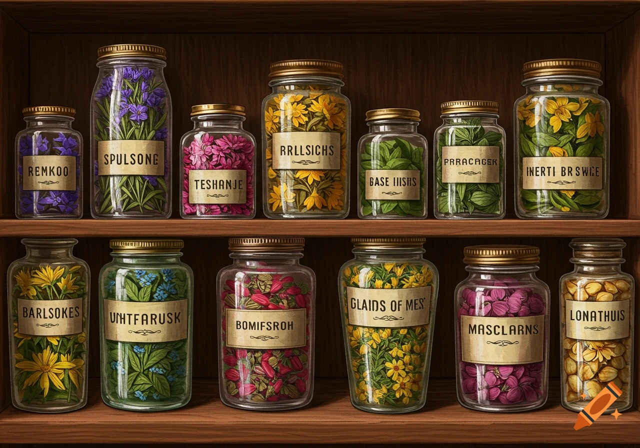 Twelve labeled jars filled with colorful herbs and flowers on wooden shelves in an illustrative style.