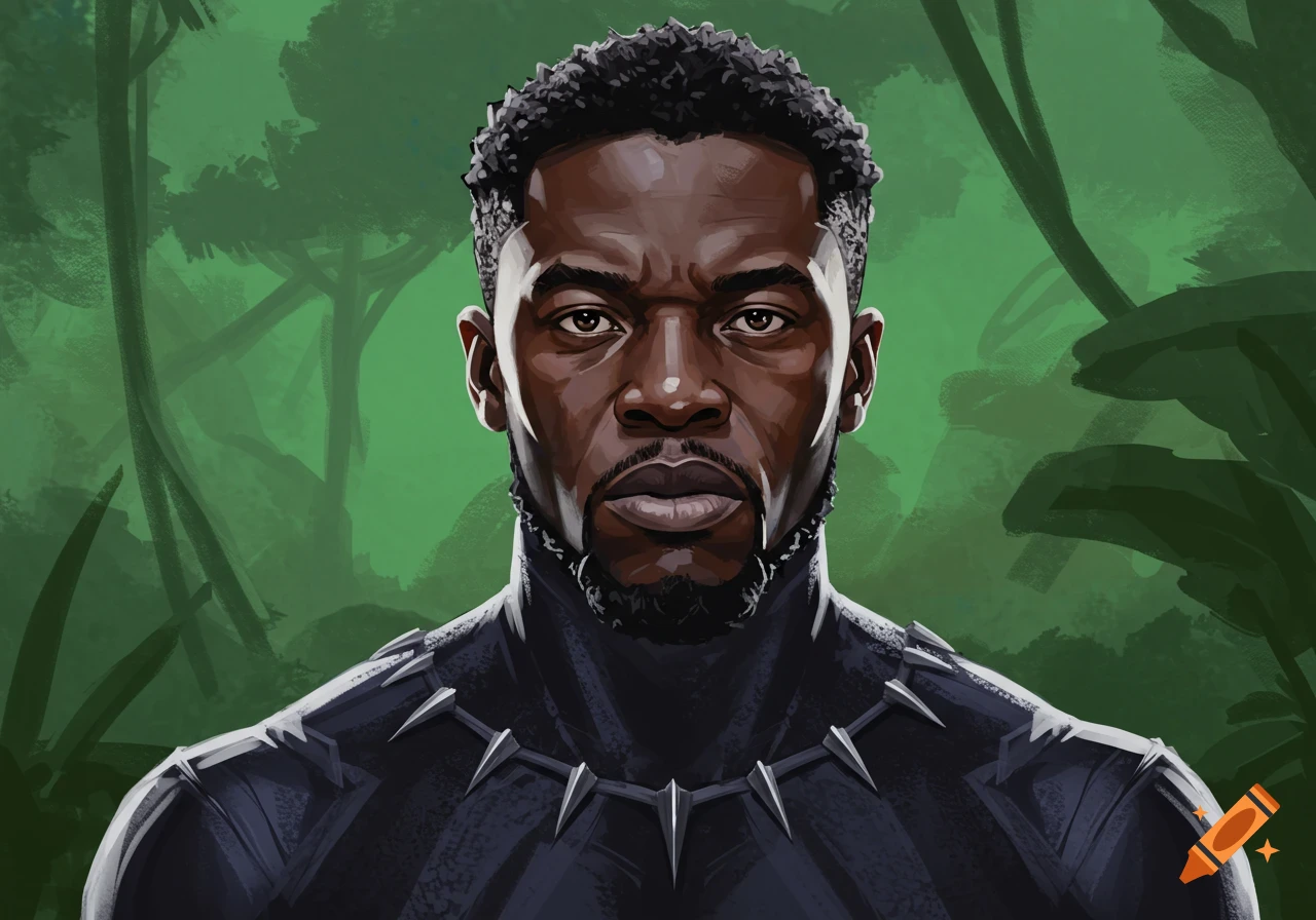 Illustrated portrait of a man in a black superhero suit with a silver necklace against a green jungle background.