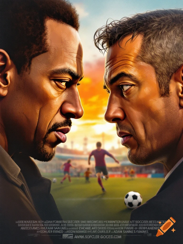 Movie poster showing two men's faces close up, looking at each other, with a blurred soccer game in the background.
