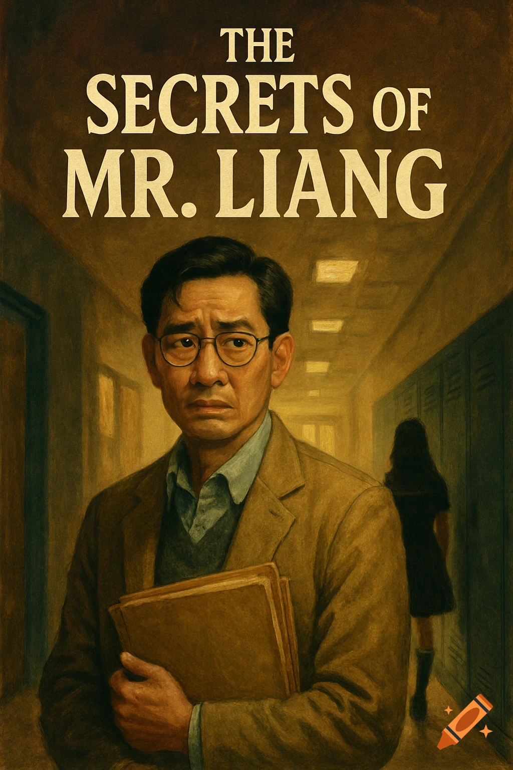 A dramatic movie poster for "The Secrets of Mr. Liang" featuring a serious man with glasses holding books in a school hallway.