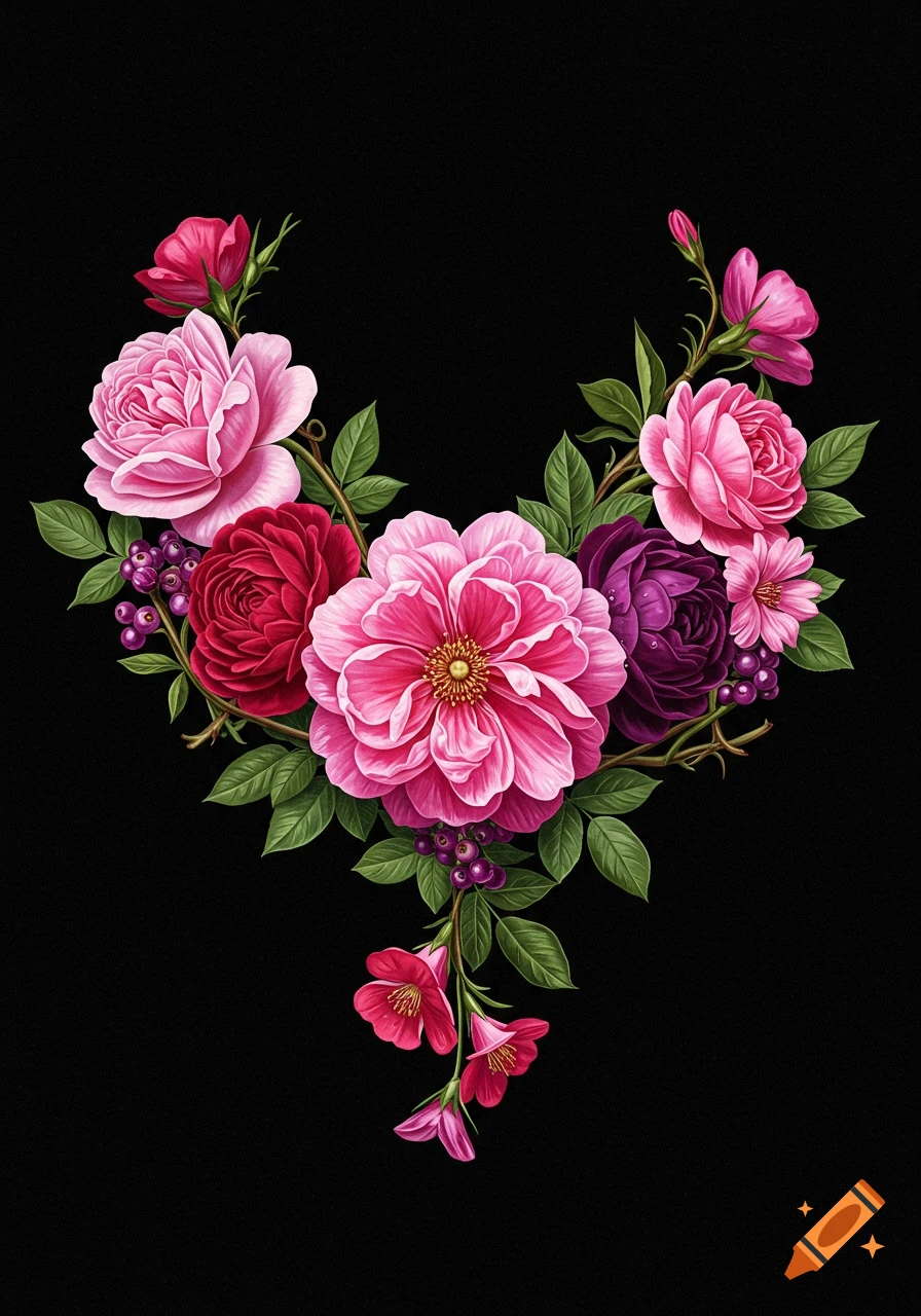 A vibrant arrangement of pink, red, and purple roses and other flowers with green leaves and berries, shaped like a necklace or adornment, on a black background.