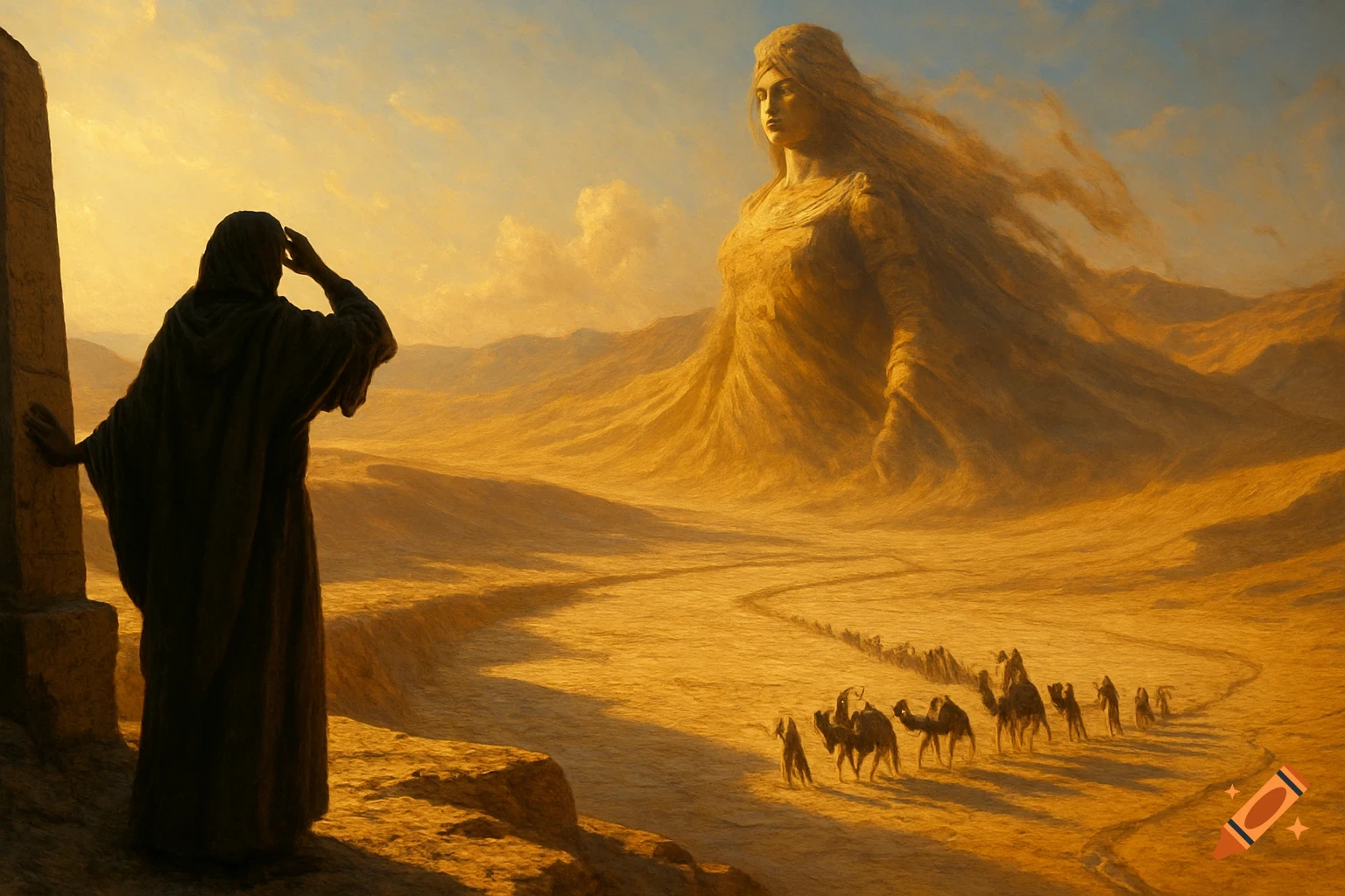 Oil painting of a cloaked figure watching a camel caravan approach a giant sand figure in a vast golden desert.