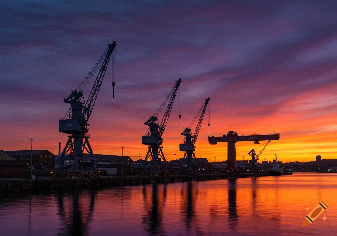 Silhouettes of several large port cranes against a vibrant orange and purple sunset reflecting on the water.