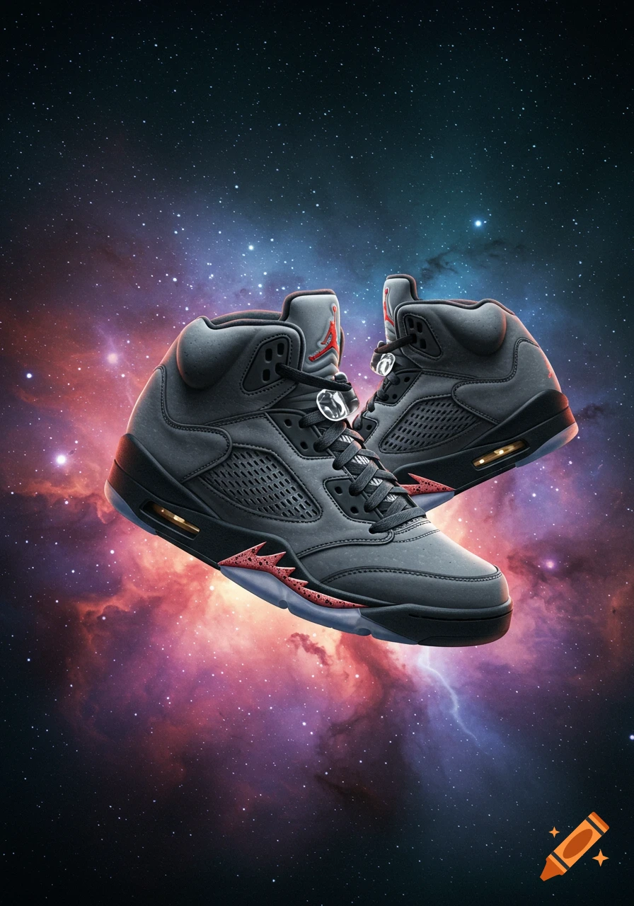 Air Jordan 5 sneakers floating in outer space with nebula