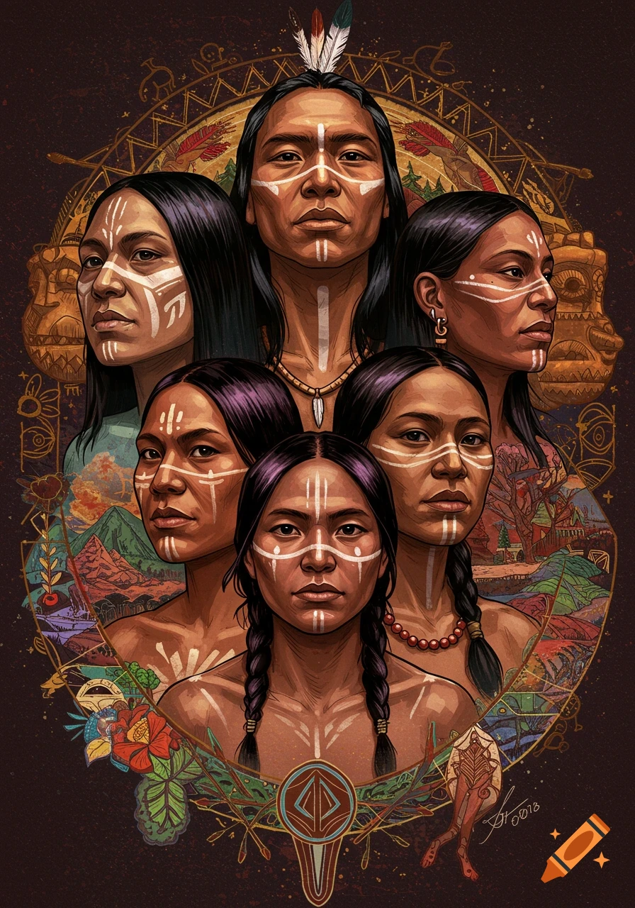 Illustration of multiple indigenous people with face paint and tribal art.