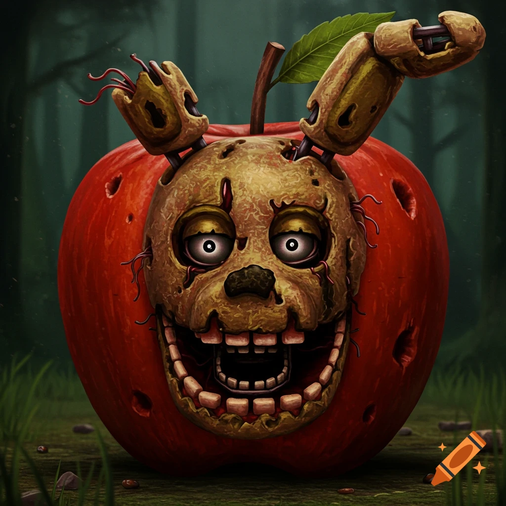 Creepy face of Springtrap from FNAF merged with an apple in a forest setting, digital art.